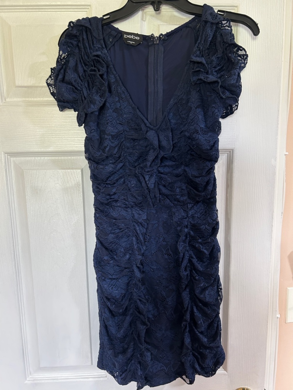 bebe Navy Ruched Lace V-Neck Midi Dress
